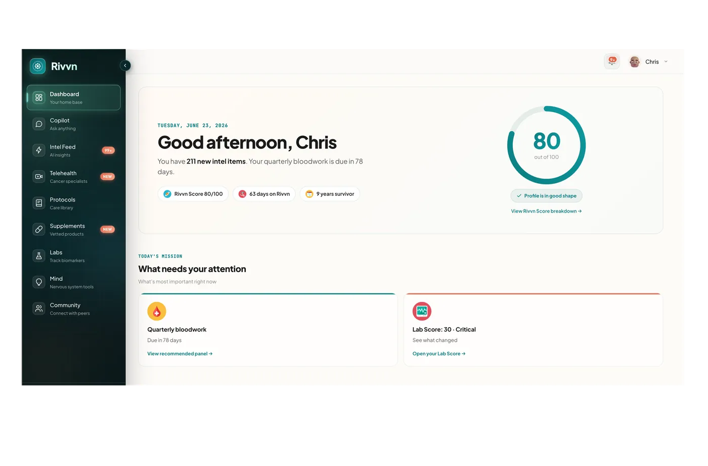 Rivvn dashboard — profile, AI insights, and biomarker tracking