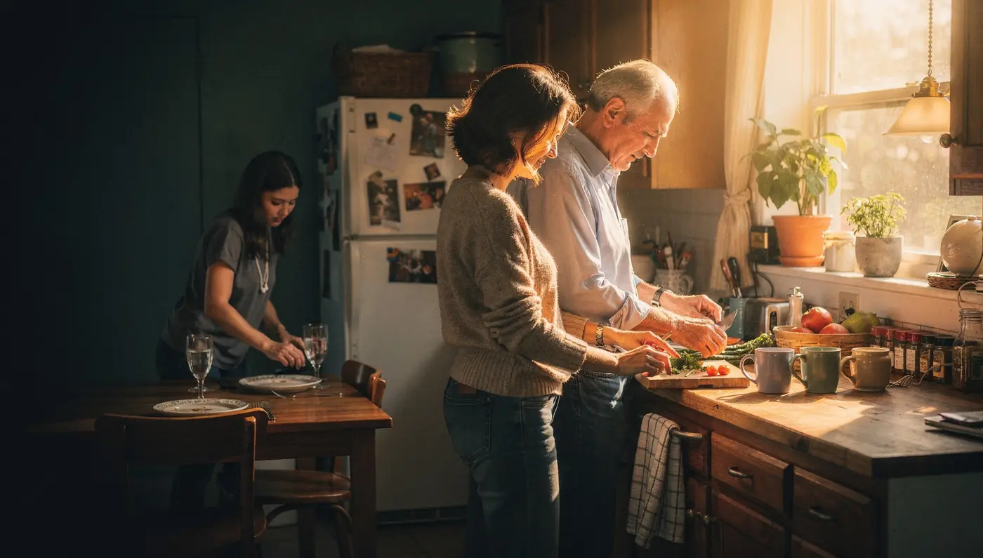A multi-generational family preparing a meal together in warm afternoon light